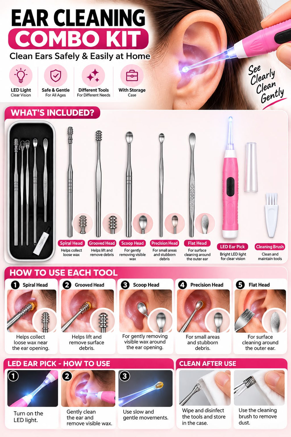 Ear cleaning kit tools and attachments for kids and adults