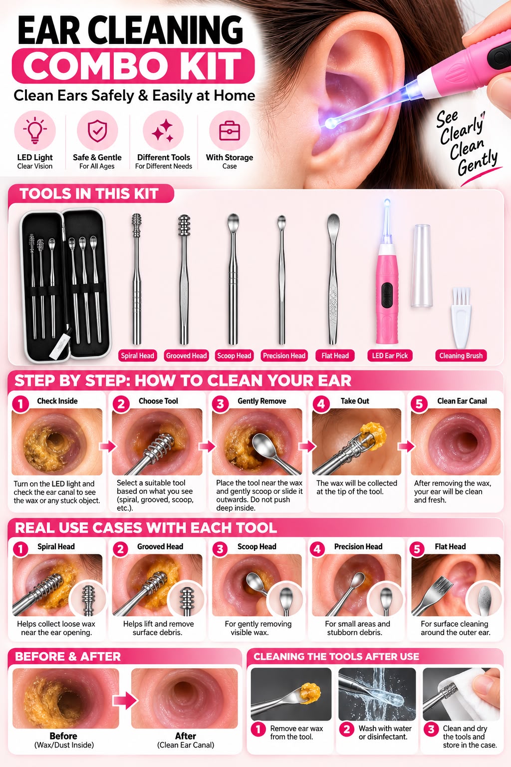 Reusable ear cleaning tool set with spiral tip for at-home ear care